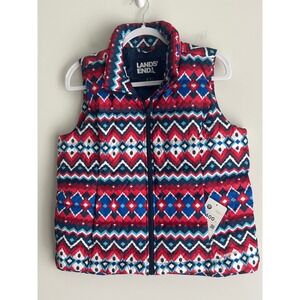 Lands End Women's Puffer Vest Red Blue Fair Isle 600 Down Petite Medium NEW